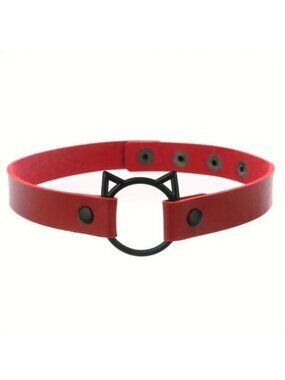 Choker Collar Necklace Leather Red Cat Kitty Edgy Metal Emo Sexy Cosplay Rave